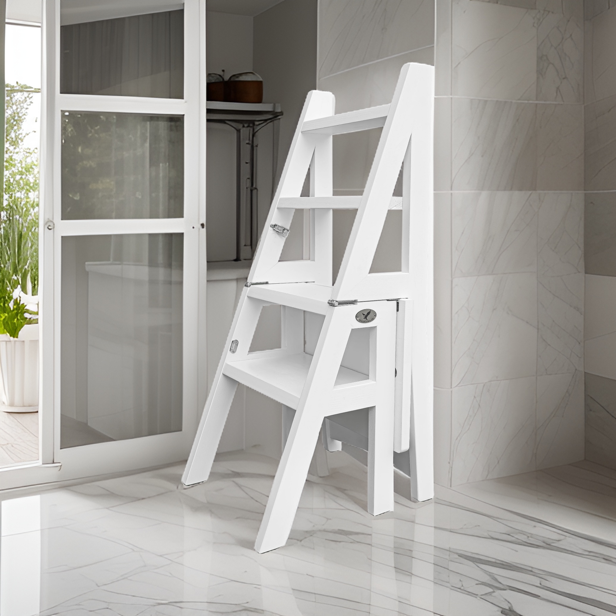 Scaun si Scara, 2 in 1, Duplex, Lemn Masiv, Step Up, Transilvan, 90x42 cm, Alb