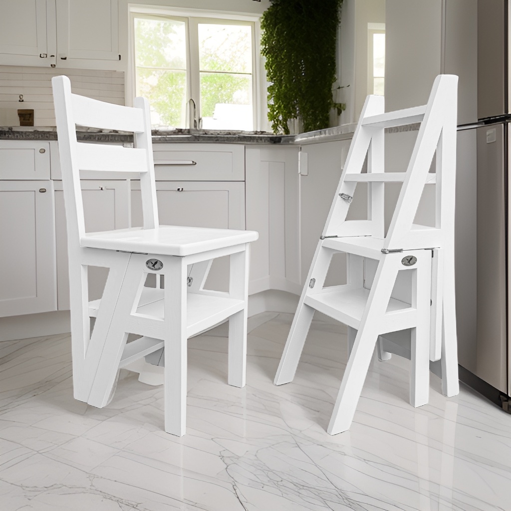 Scaun si Scara, 2 in 1, Duplex, Lemn Masiv, Step Up, Transilvan, 90x42 cm, Alb