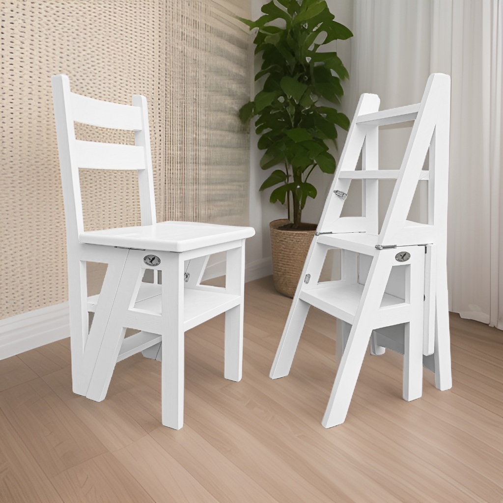 Scaun si Scara, 2 in 1, Duplex, Lemn Masiv, Step Up, Transilvan, 90x42 cm, Alb