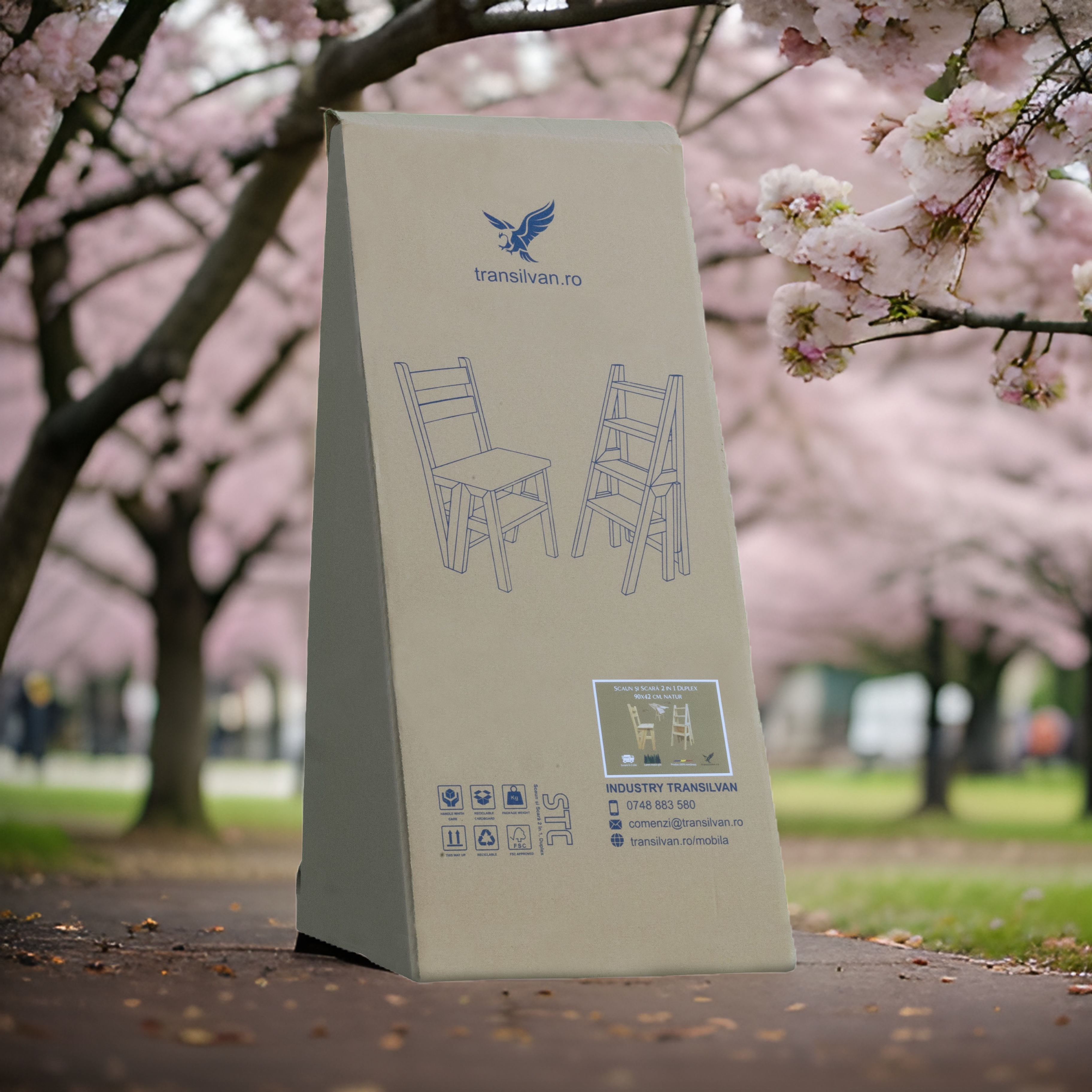 Scaun si Scara 2 in 1, Duplex, din Lemn Masiv, Step Up, Transilvan, 90x42 cm, Lacuit